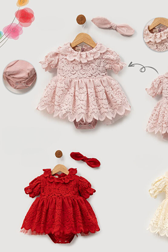 Kız Bebek Kız Çocuk Doğum Günü Parti Düğün Elbise Kısa Kol Bandanalı Dantelli Astarlı Romper