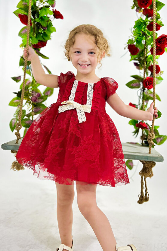 Kız Bebek Kız Çocuk Doğum Günü Parti Düğün Elbise Kısa Kol Dantelli Astarlı Elbise