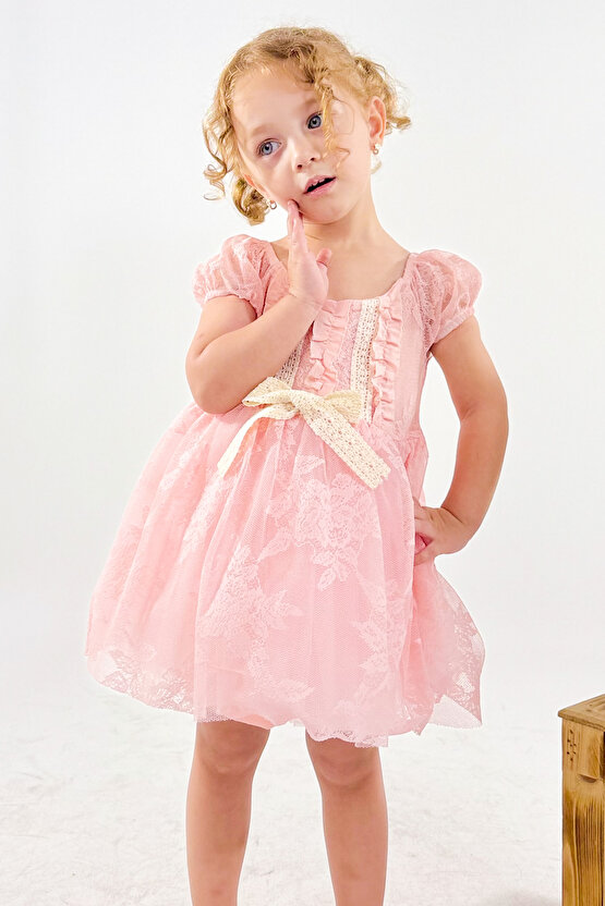 Kız Bebek Kız Çocuk Doğum Günü Parti Düğün Elbise Kısa Kol Dantelli Astarlı Elbise