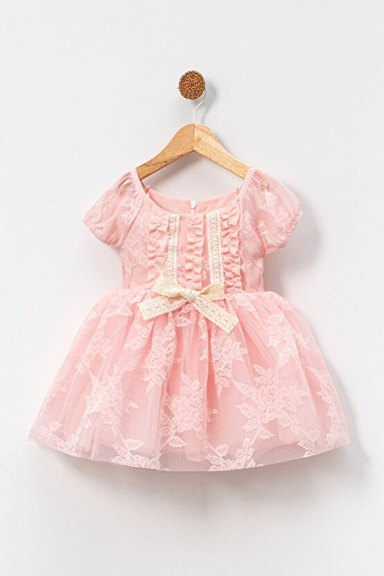 Kız Bebek Kız Çocuk Doğum Günü Parti Düğün Elbise Kısa Kol Dantelli Astarlı Elbise