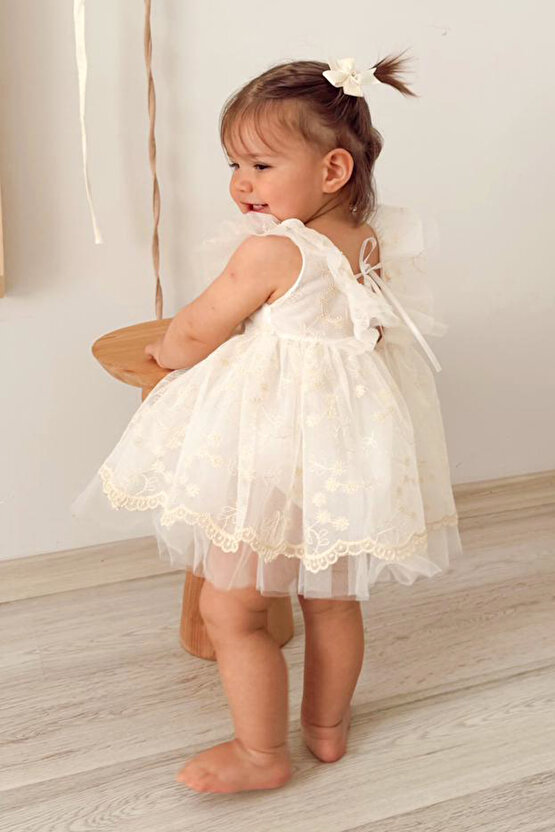 Kız Bebek Kız Çocuk Doğum Günü Parti Düğün Elbise Kısa Kol Bandanalı Dantelli Astarlı Romper
