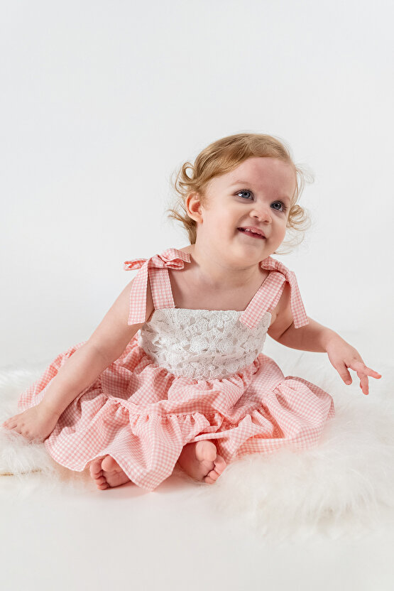 Kız Bebek Kız Çocuk Doğum Günü Parti Düğün Elbise Kısa Kol Askılı Kolsuz Dantelli Astarlı Pötikare