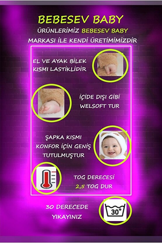 Welsoft Peluş Unisex Fermuarlı Bebek Uyku Tulumu Bebek Tulumu Çocuk Tulumu Çocuk Kostümü