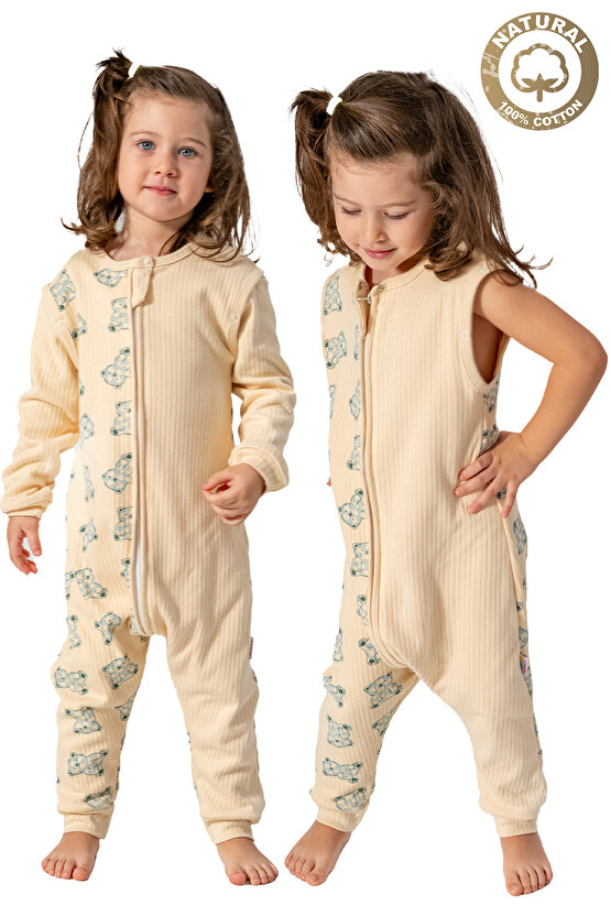 Kız Erkek Unisex Mevsimlik Kolları Çıkan Çift Kat Organik %100 Doğal Pamuk Bebek Çocuk Uyku Tulumu