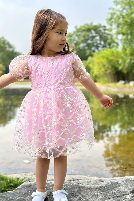 Kız Bebek Elbise Kız Çocuk Elbise Doğum Günü Parti Düğün Elbise Dantelli Kısa Kol Astarlı Elbise