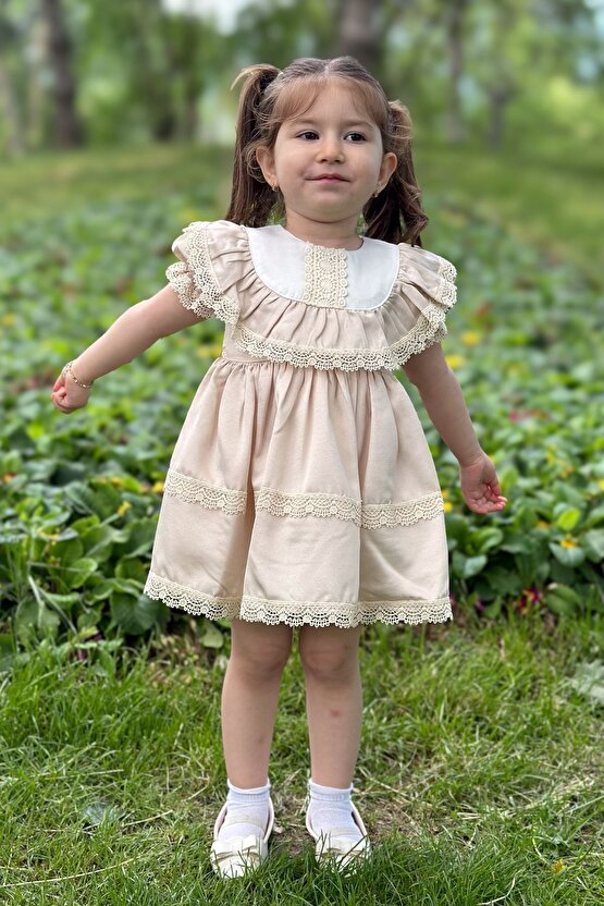 Kız Bebek Elbise Kız Çocuk Elbise Doğum Günü Parti Düğün Elbise Dantelli Kısa Kol Astarlı Elbise