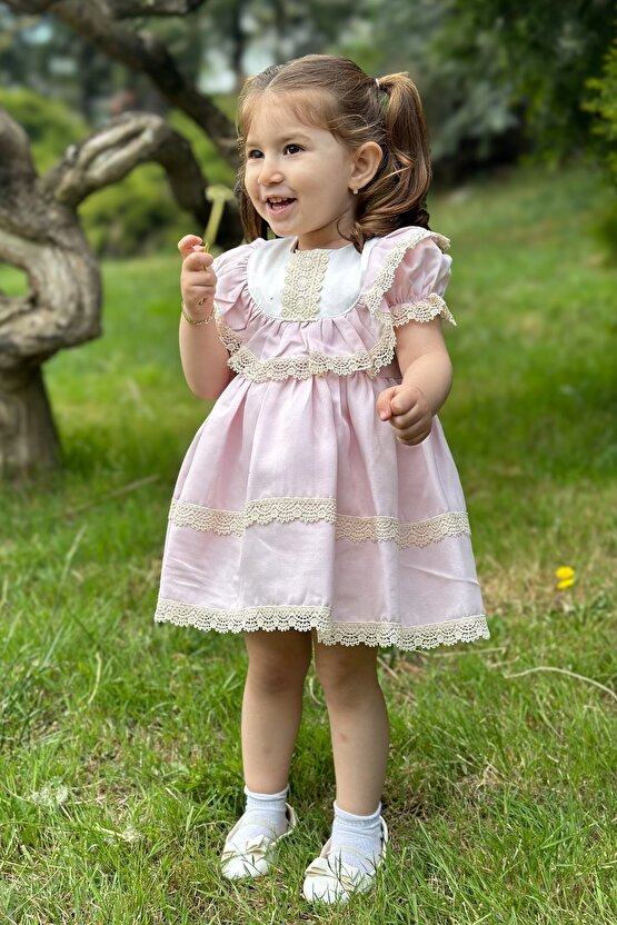 Kız Bebek Elbise Kız Çocuk Elbise Doğum Günü Parti Düğün Elbise Dantelli Kısa Kol Astarlı Elbise