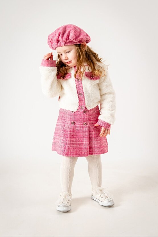 Kız Çocuk Kız Bebek Hırkalı Şapkalı Etekli Welsoft Peluş Oduncu Üçlü elbise takım