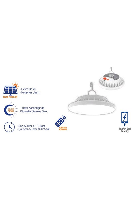 Güneş Enerjili, 80 Watt, Kumandalı, 5 Işık Modlu, 6500K, Powerbank Özellikli Fonksiyonlu Kamp Feneri