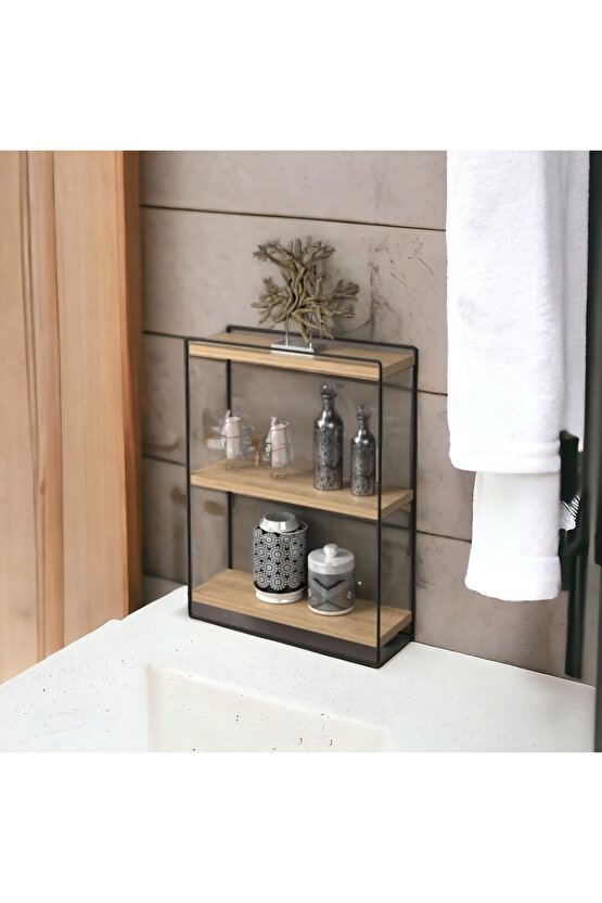 2 Adet Dekoratif Mini Duvar Rafı, Tezgah Üstü Raf, Obje, Baharat, Kaktüs Rafı 2li Ahşap - Metal Raf