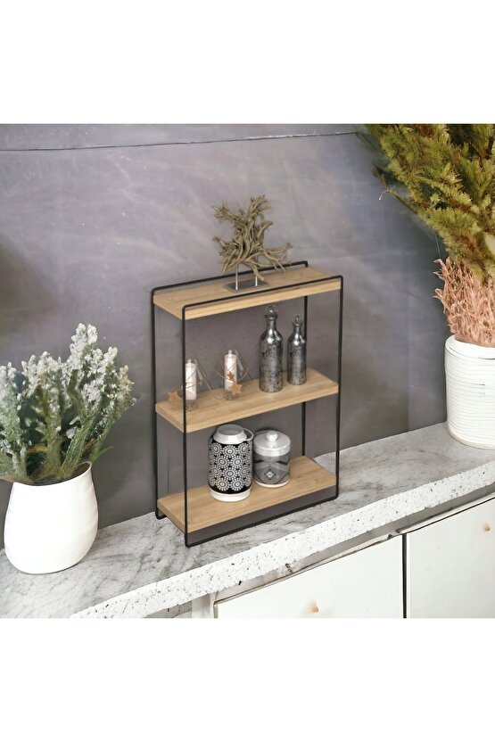 2 Adet Dekoratif Mini Duvar Rafı, Tezgah Üstü Raf, Obje, Baharat, Kaktüs Rafı 2li Ahşap - Metal Raf