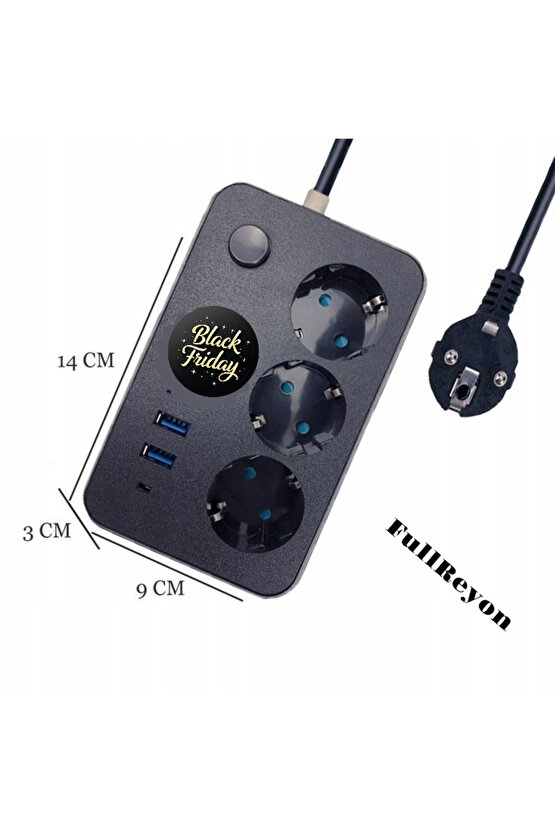 2 Metre Kablolu, Akım, Çocuk, Cihaz Korumalı, 2 USB - A, 1 TYPE-C, 3 Prizli Akıllı Priz Çoklayıcı