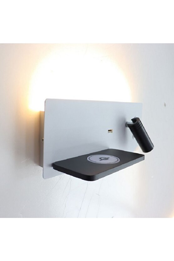 Ekim Aydınlatma Yatak Başı Led Aplik Kablosuz Şarj Okuma Lambası Beyaz Kasa Günışığı Işık Ecn-7701