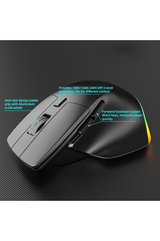 Kablosuz Mouse Bluetooth 5.04.0 + 2.4g Ergonomik Şarjlı Sessiz RGB Mouse Modern Tasarım Işıklı