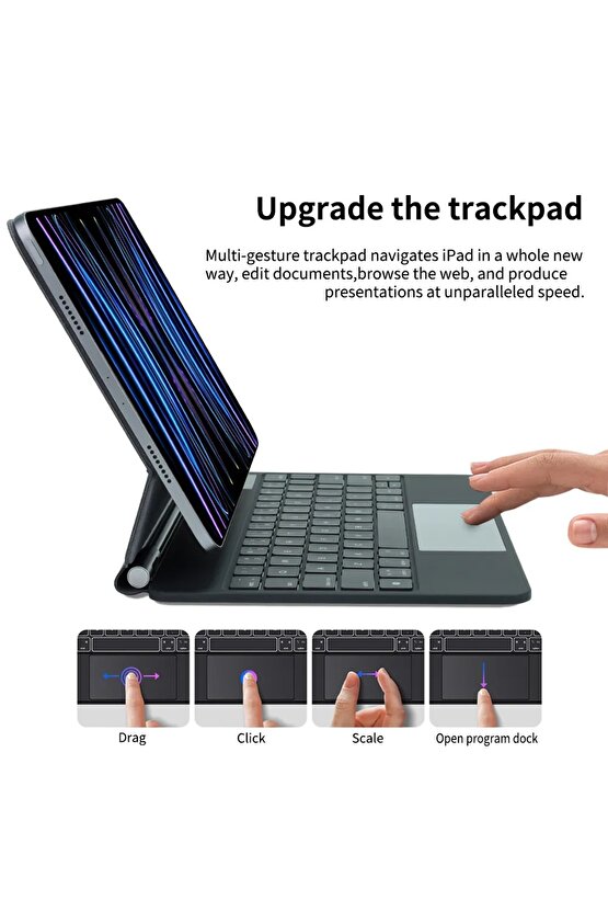 İpad Pro 11 Uyumlu Manyetik Magic Keyboard Katlanır Işıklı Klavyeli Tablet Kılıf+ Dokunmatik Kalem