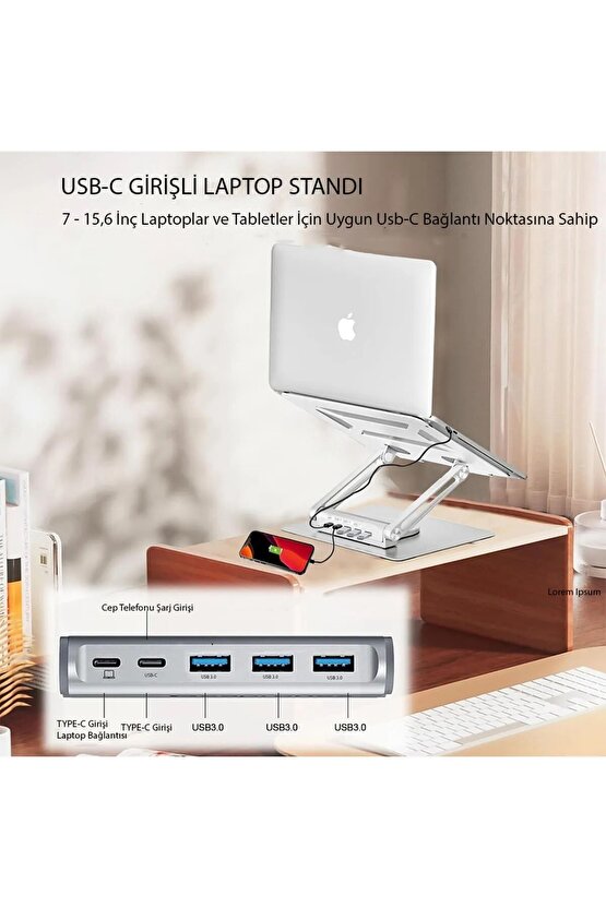 Alüminyum Metal Laptop Standı 360° Döner USB Type-C PD Şarj 2-USB 3.0 Portlu Ergonomik & Şık Tasarım