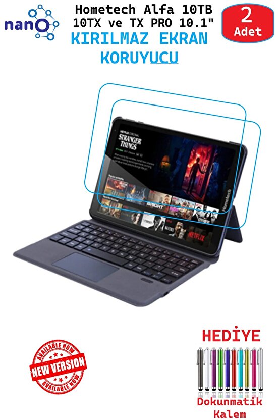 2 ADET Hometech Alfa 10TX-PRO 10TB 10.1 Tam Uyumlu Ekran Koruyucu Şeffaf Cam Nano HD Esnek Kırılmaz