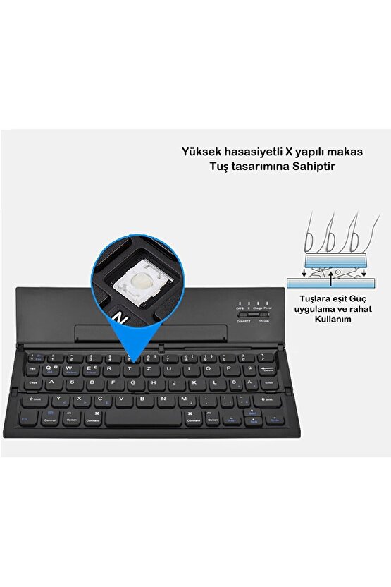 Bluetooth Klavye Kablosuz Mini Şarjlı Telefon Tablet İçin Klavye Kendinden Standlı Katlanır Taşınır