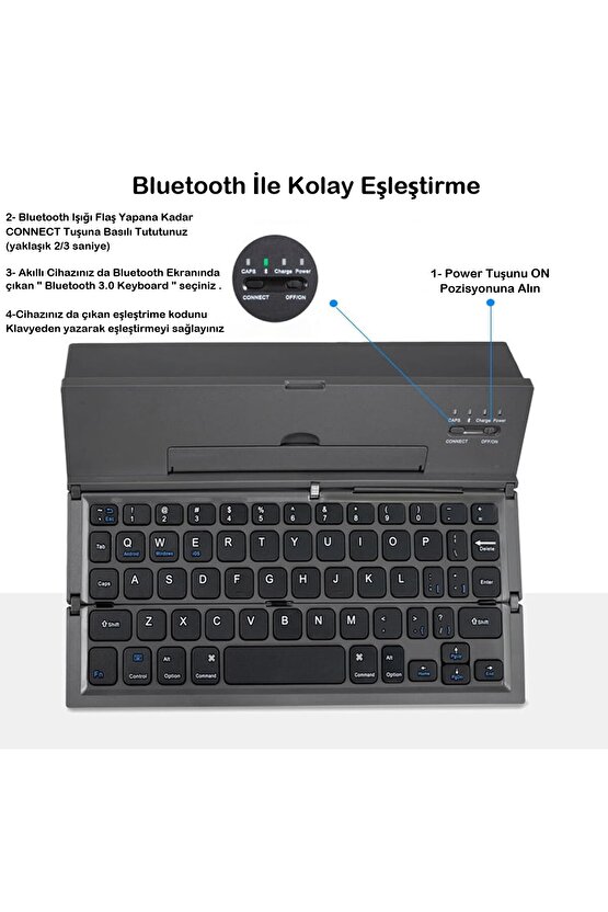 Kablosuz Mini Klavye, Standlı Katlanabilir Şarj Edilebilir Bluetooth Klavye Tablet  Telefon Uyumlu