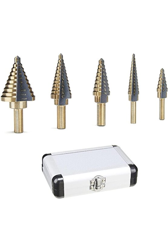 Profesyonel 5 Adet Titanyum Kademeli Matkap Ucu Sac, Metal, Alüminyum, Ahşap Delme Seti Özel Kutulu