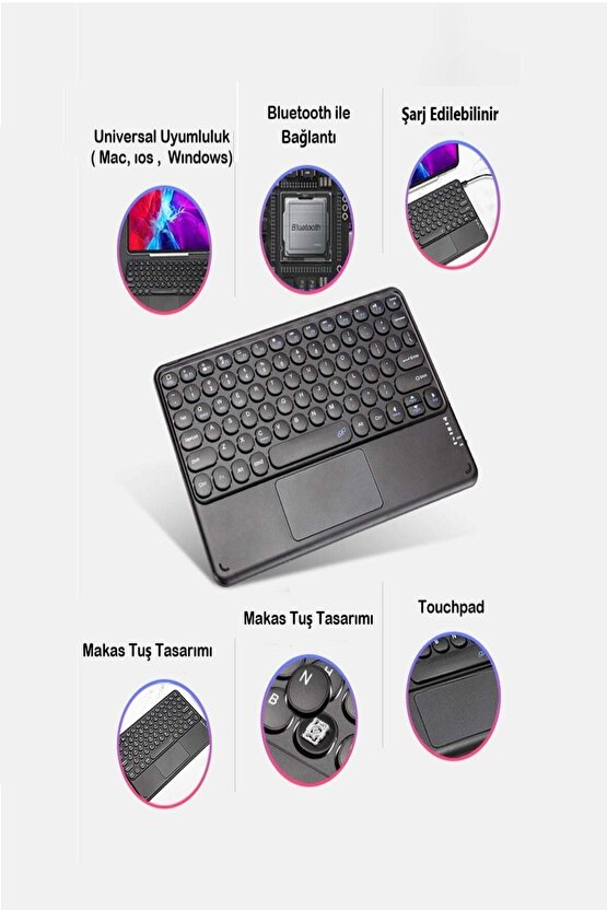 Samsung tab A9+ Plus sx-210 11 Tablet Uyumlu Şarjlı Touchpadli Yuvarlak Tuş RGB Bluetooth Klavye