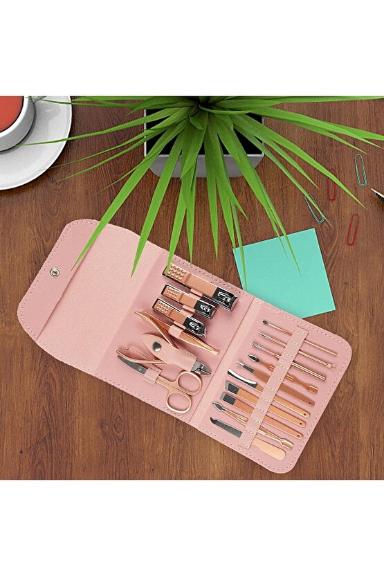 16 Parça Profesyonel Çelik Paslanmaz Deri Çantalı Manikür Pedikür Tırnak Yüz Bakım Seti -pudra Pembe