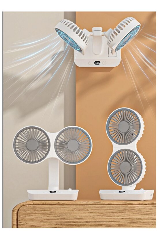 MASAÜSTÜ OTOMATİK SALINIMLI VANTİLATÖR ŞARJLI LED IŞIKLI 360 DERECE AYARLANABİLİR ASKILI FAN