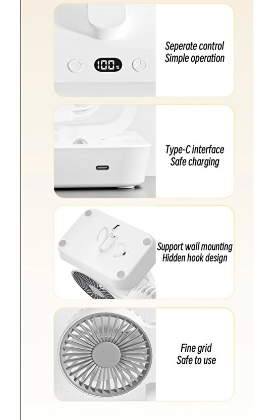 MASAÜSTÜ OTOMATİK SALINIMLI VANTİLATÖR ŞARJLI LED IŞIKLI 360 DERECE AYARLANABİLİR ASKILI FAN