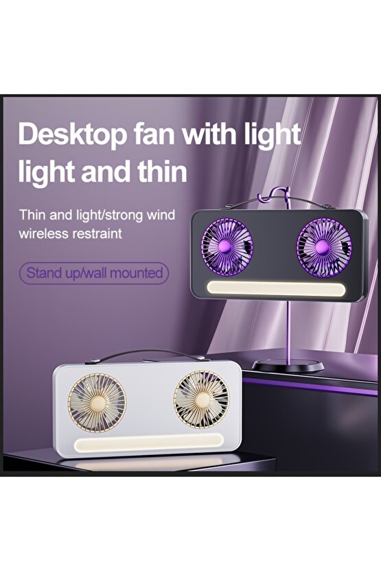 ŞARJLI VANTİLATÖR IŞIKLI MİNİ 2 Lİ FAN MASAÜSTÜ TAŞINABİLİR MİNİ HAVA SOĞUTUCU