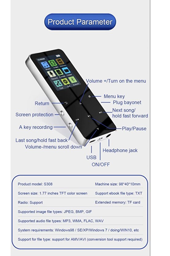 8GB HAFIZALI MP3-MP4 PLAYER MÜZİK ÇALAR FM RADYO BLUETOOTH KULAKLIK VE HOPARLÖR İLE KULLANABİLME