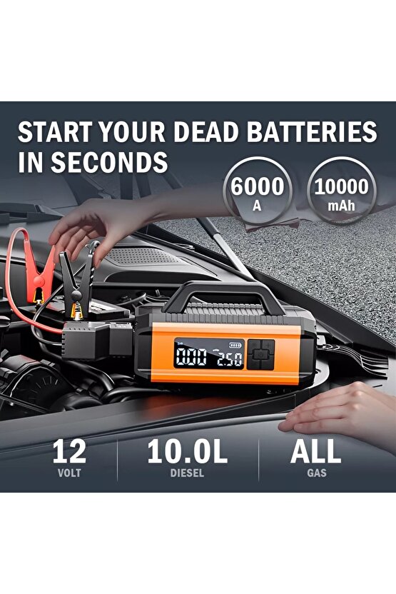 ACİL AKÜ TAKVİYE MARŞ MOTORU START 10000MAH 12V 150PSİ LASTİK ŞİŞİRME POMPASI POWERBANK LED LAMBA