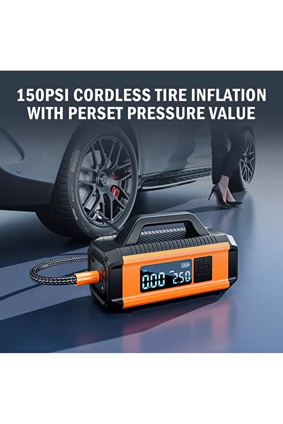 ACİL AKÜ TAKVİYE MARŞ MOTORU START 10000MAH 12V 150PSİ LASTİK ŞİŞİRME POMPASI POWERBANK LED LAMBA