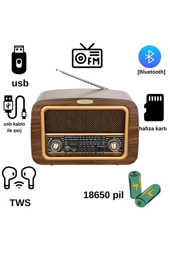 NOSTALJİK RADYO BLUETOOTH SPEAKER ŞARJLI SD KART USB GİRİŞLİ MP3 ÇALAR KABLOSUZ HOPARLÖR