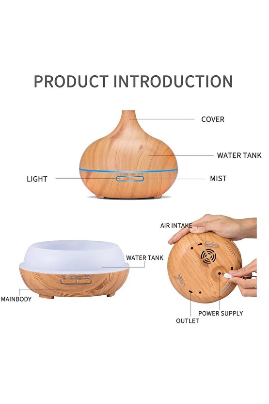 Aroma Terapi Oda Hava Nemlendirici 550ml Ultrasonik Buhar Makinesi Ahşap Görünüm 7 Renk Led Işıklı