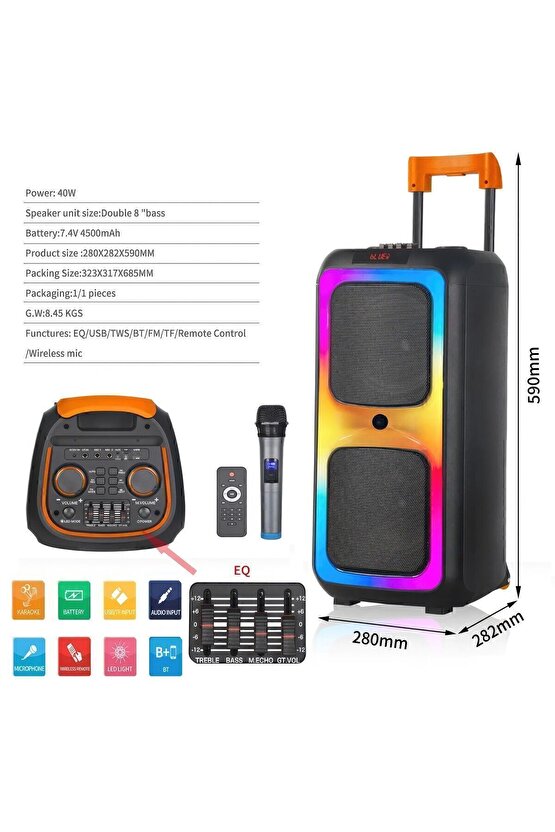 Siyah Ultra Güçlü Kaliteli Profosyonel Bt Hoparlör-(TAŞINABİLİR ANTASTİK RENKLİ IŞIKLI)