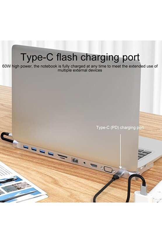 Type C Adaptör 11 In 1 Usb Hub Hdmi Lan Vga Sd Tf Kart Usb Type C Macbook Çevirici