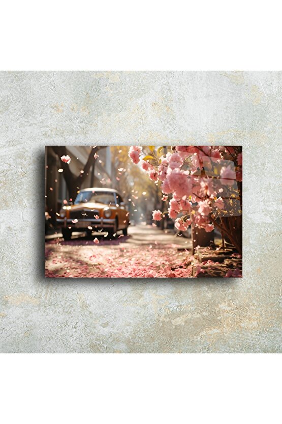 Vintage Çiçekli Manzaralı Cam Tablo