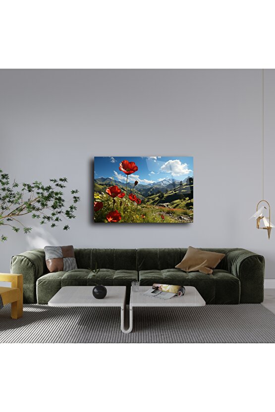 Kırmızı Gelincikli Dağ Manzarası Cam Tablo