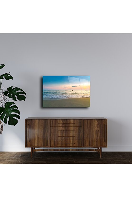 Gün Batımında Deniz Kıyısı Cam Tablo