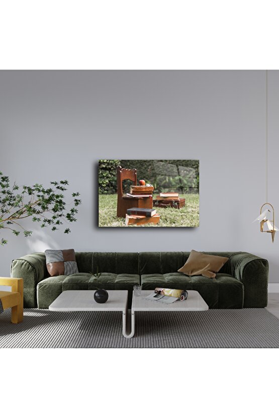 Cam Duvar Tablosu Vintage Kitaplı Doğa Kompozisyonu
