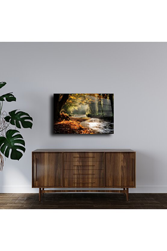Cam Duvar Tablosu Sonbahar Nehir Manzarası