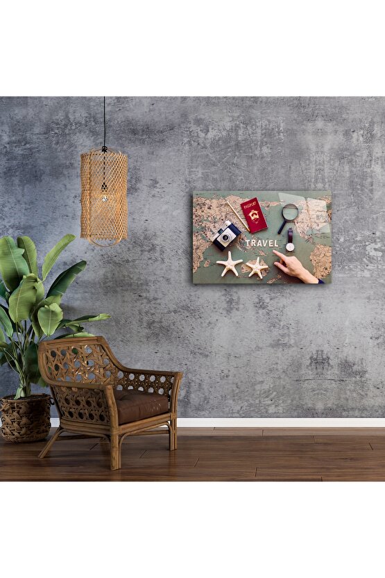 Vintage harita arka planlı seyahat temalı cam tablo