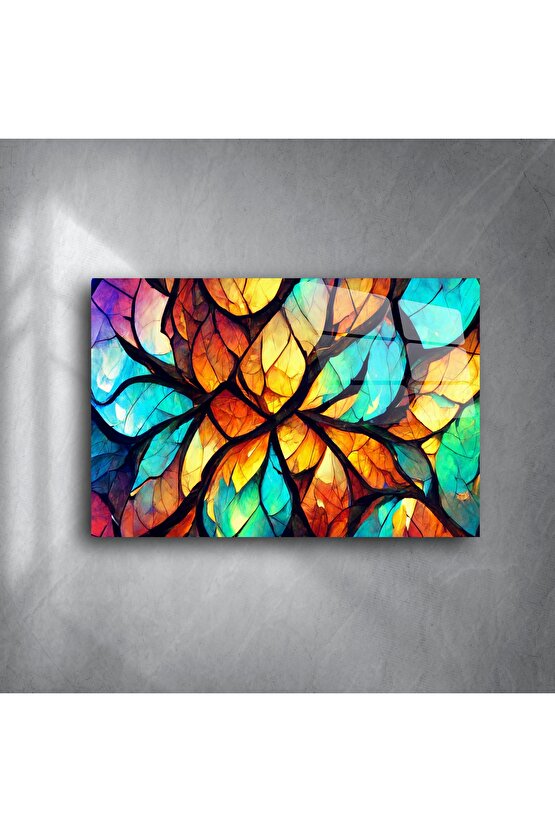 Renkli Yaprak Desenli Modern Cam Tablo