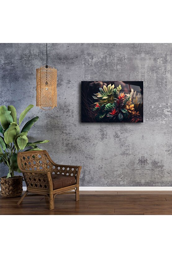 Lüks Cam Tablo Renkli Tropikal Yapraklar