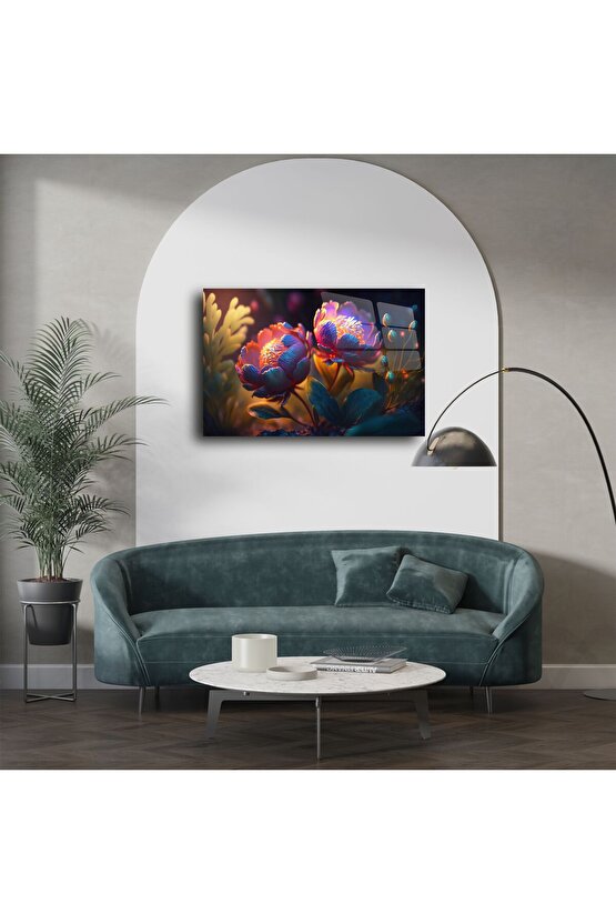 Premium Cam Tablo Renkli Çiçekler