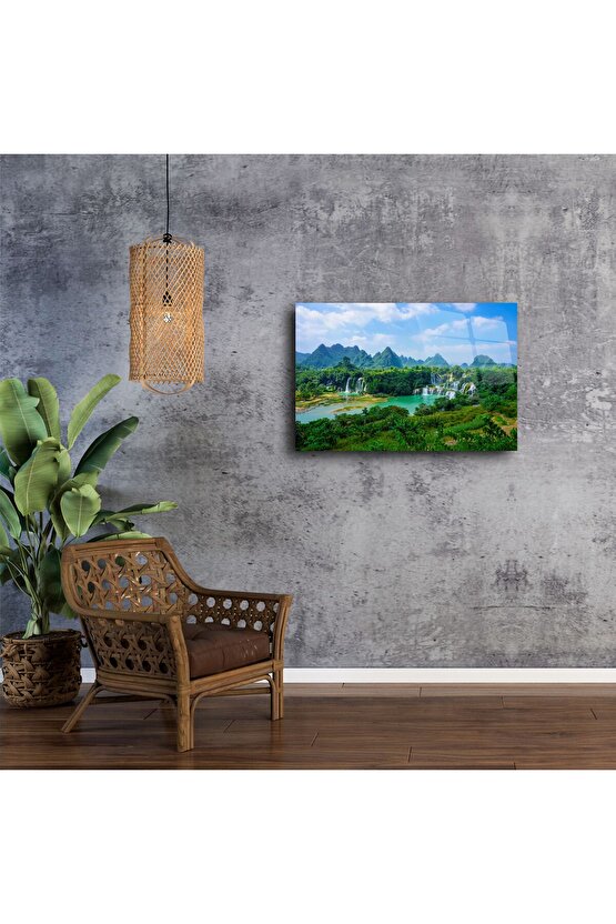 Tropikal Şelale Manzaralı Cam Tablo