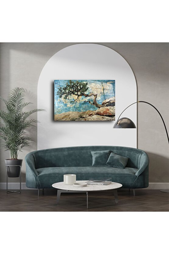 Zarif Mavi Mozaik Ağaç Duvar Sanatı