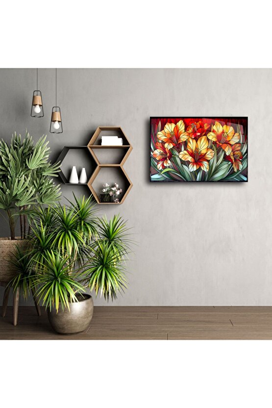 Cam Tablo Çiçek Desenli Duvar Sanatı