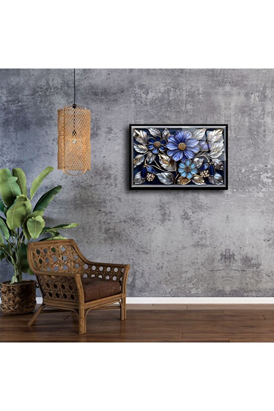 Lacivert Çiçekli Cam Tablo