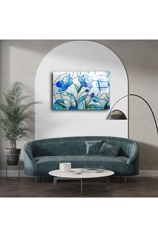 Mavi Çiçekli Cam Tablo